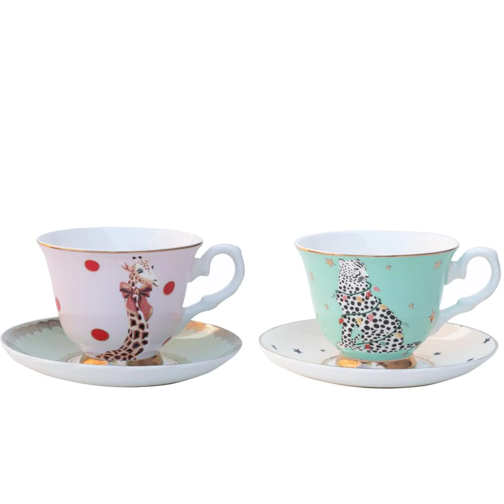 Yvonne Ellen Set 2 Tazze da Tè con Piatto Ghepardo e Giraffa